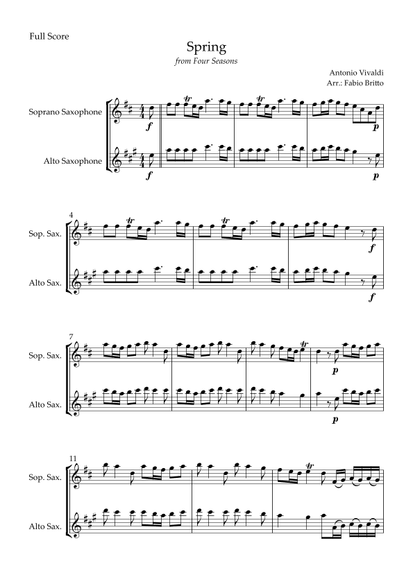 Spring (from Four Seasons of Antonio Vivaldi) for Soprano Saxophone & Alto Saxophone Duo (arr. Fabio Britto)