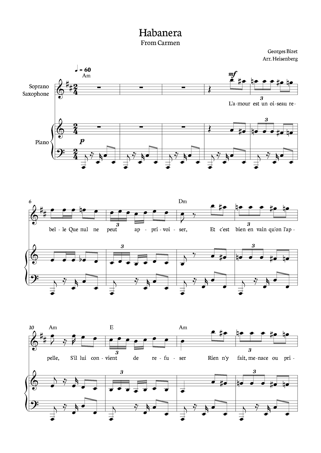 Habanera from Carmen for soprano Saxophone with piano and chords. (arr. Heisenberg)