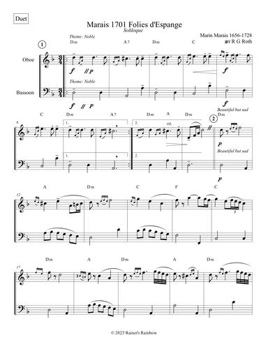 Marais 1701 Folies d'Espagne Oboe and Bassoon Duet Score and Parts (arr. R G Roth)