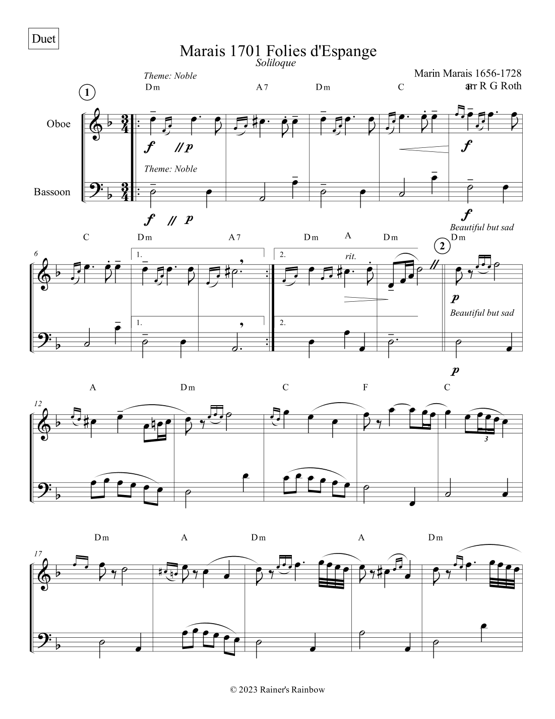 Marais 1701 Folies d'Espagne Oboe and Bassoon Duet Score and Parts (arr. R G Roth)