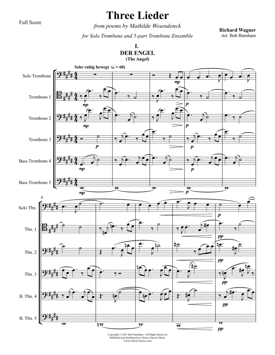 Three Wesendonck Lieder for Solo Trombone and 5-part Trombone Ensemble (arr. Bob Burnham)