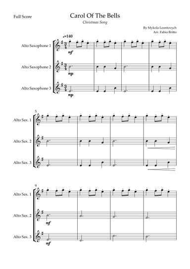 Carol Of The Bells (Christmas Song) for Alto Saxophone Trio (arr. Fabio Britto)