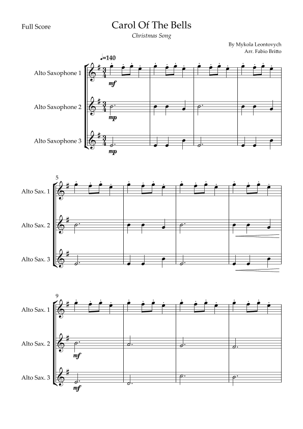 Carol Of The Bells (Christmas Song) for Alto Saxophone Trio (arr. Fabio Britto)