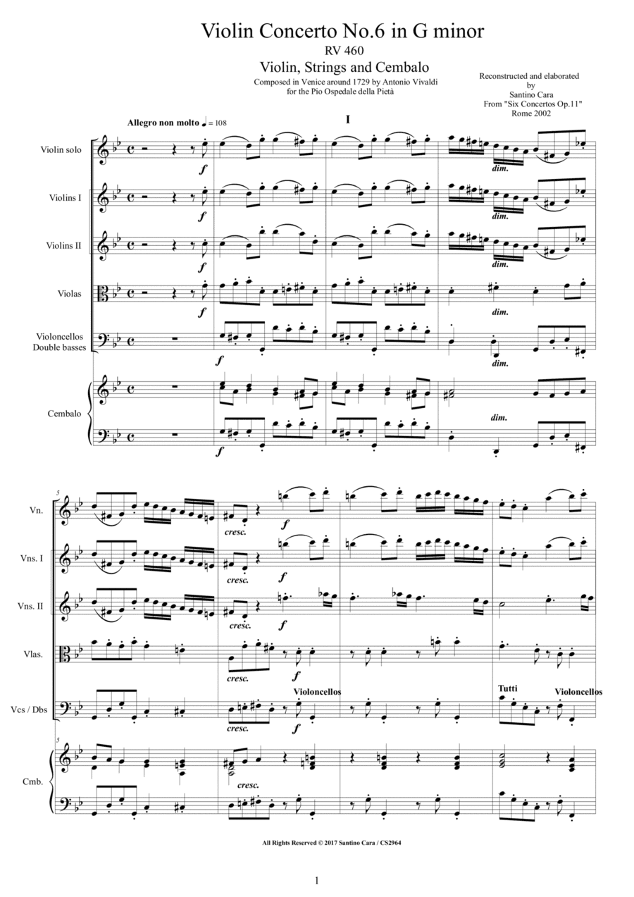 Vivaldi - Violin Concerto No.6 in G minor RV 460 Op.11 for Violin, Strings and Cembalo (arr. Santino Cara)