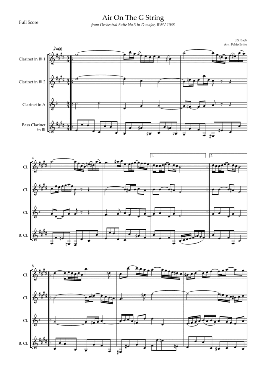 Air On The G String (J.S. Bach) for Clarinet Quartet (arr. Fabio Britto)