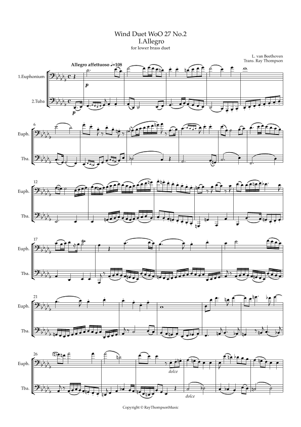 Beethoven: Wind Duet WoO 27 No.2 (Complete) - lower brass duet (2 Euphs/Tbns or Euph/Tbn & Tuba).) (arr. Ray Thompson)