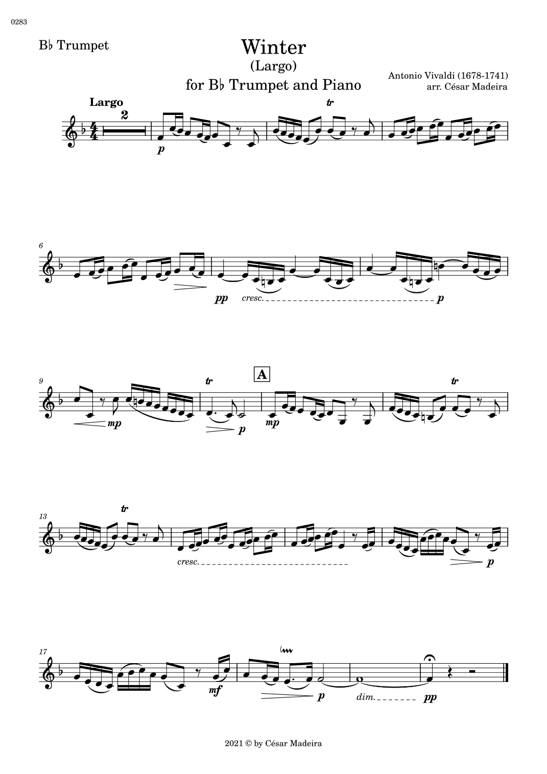 Winter by Vivaldi - Bb Trumpet and Piano - II. Largo (Individual Parts) (arr. César Madeira)