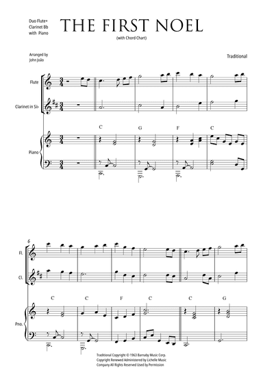 The First Noel (Duet Flute and Clarinet in Bb, with Piano and Chord Chart) (arr. john Joao)