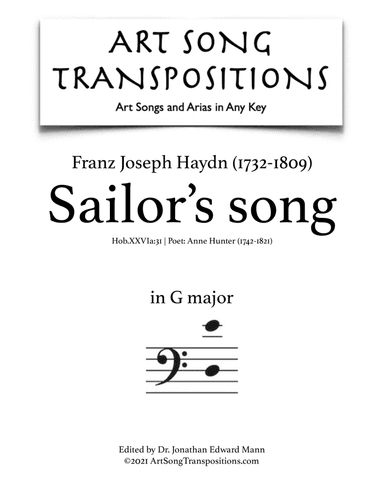 HAYDN: Sailor's Song (transposed to G major, bass clef) (arr. ArtSongTranspositions.com)