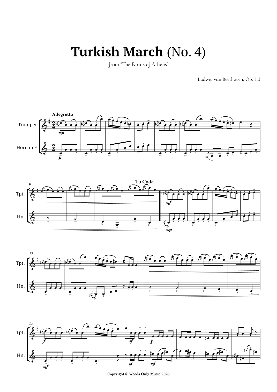 Turkish March by Beethoven for Trumpet and French Horn Duet (arr. Ander)