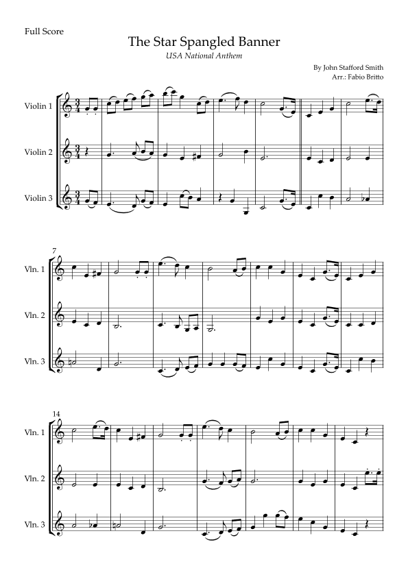The Star Spangled Banner (USA National Anthem) for Violin Trio (arr. Fabio Britto)