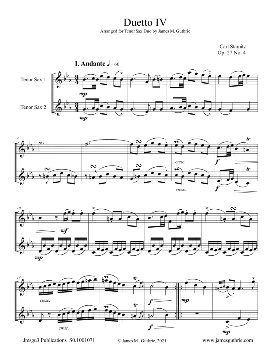 Stamitz: Duet Op. 27 No. 4 for Tenor Sax Duo (arr. James M. Guthrie)