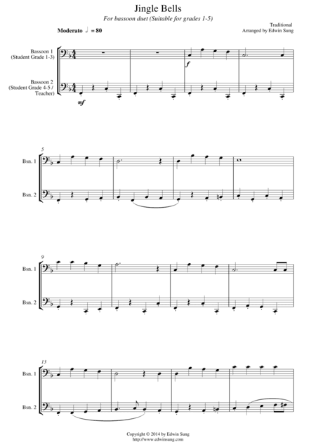 Jingle Bells (for bassoon duet, suitable for grades 1-5) (arr. Edwin Sung)