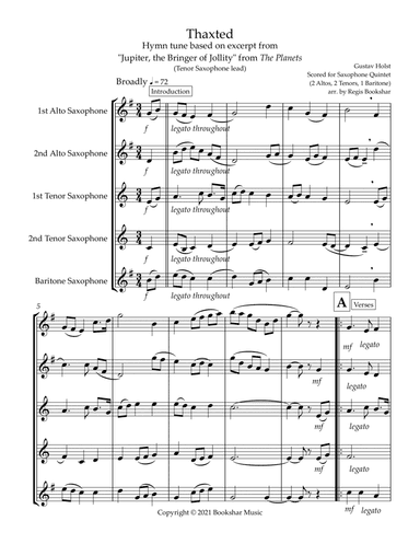 Thaxted (hymn tune based on excerpt from "Jupiter" from The Planets) (Bb) (Saxophone Quintet - 2 Alt (arr. Regis Bookshar)