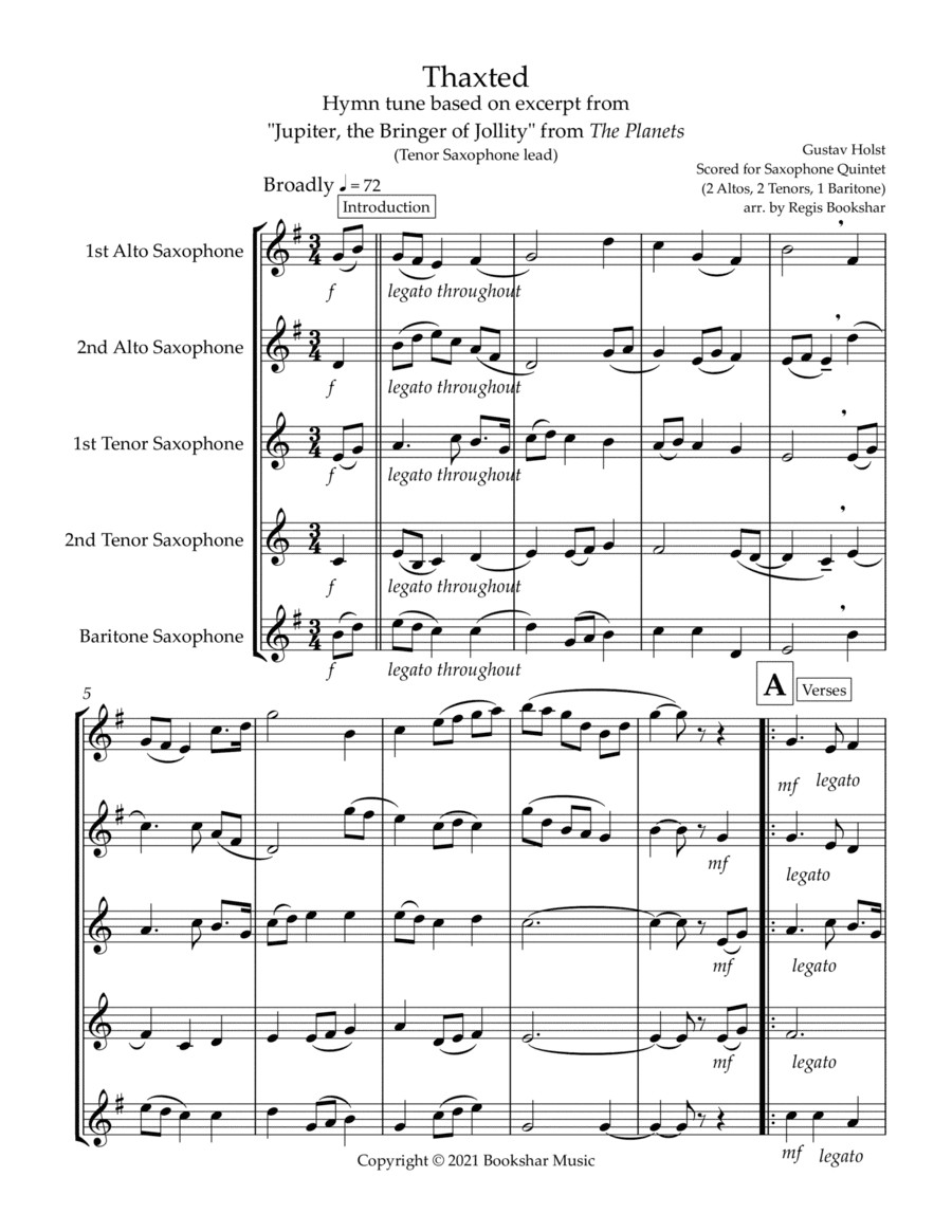 Thaxted (hymn tune based on excerpt from "Jupiter" from The Planets) (Bb) (Saxophone Quintet - 2 Alt (arr. Regis Bookshar)