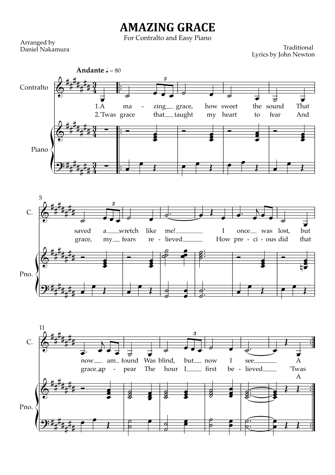Amazing Grace (for contralto vocal with easy piano) (arr. Daniel Nakamura)