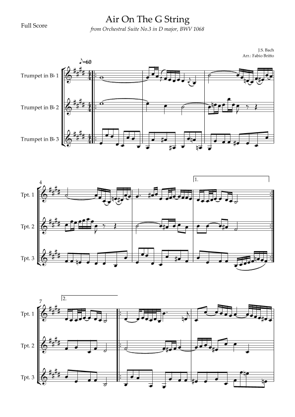 Air On The G String (J.S. Bach) for Trumpet in Bb Trio (arr. Fabio Britto)