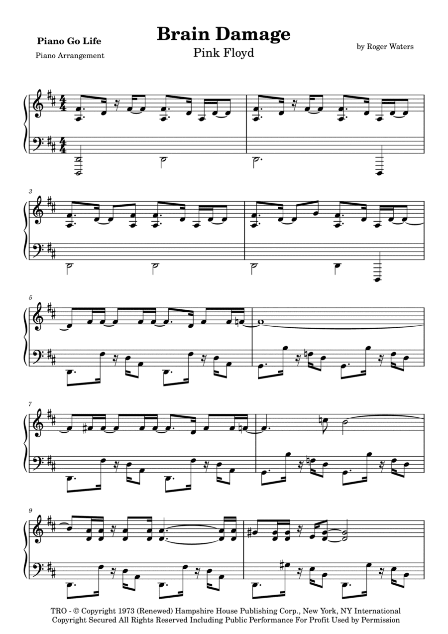 Brain Damage (arr. Piano Go Life)