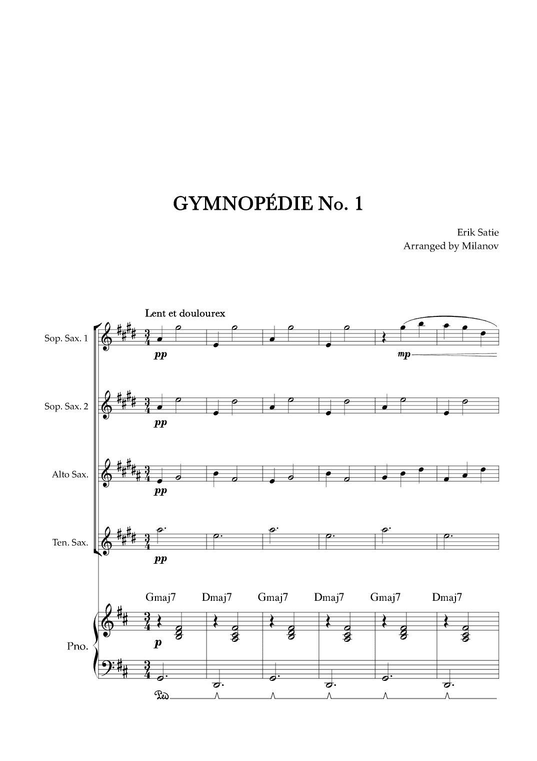 Gymnopédie no 1 | Saxophone Quartet | Original Key | Chords | Piano accompaniment |Easy intermediate (arr. Milanov)