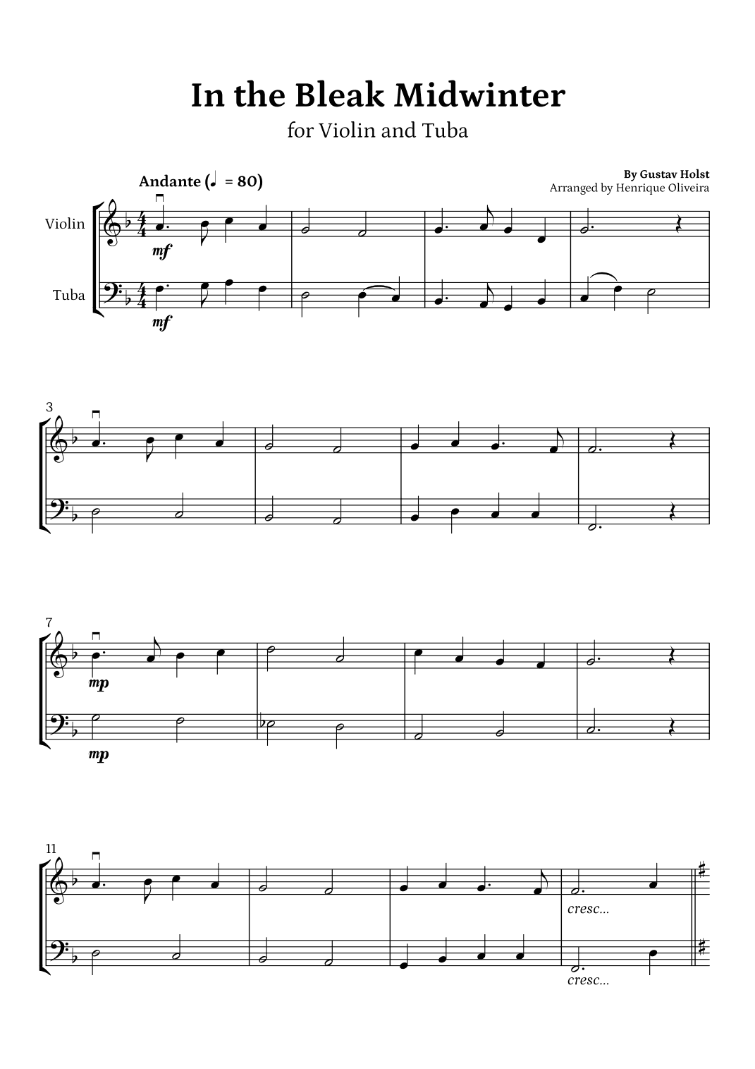 In the Bleak Midwinter (Violin and Tuba) - Beginner Level (arr. Henrique Oliveira)