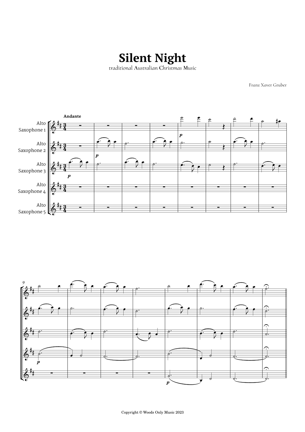 Silent Night by Franz Gruber for Alto Sax Quintet (arr. Ander)