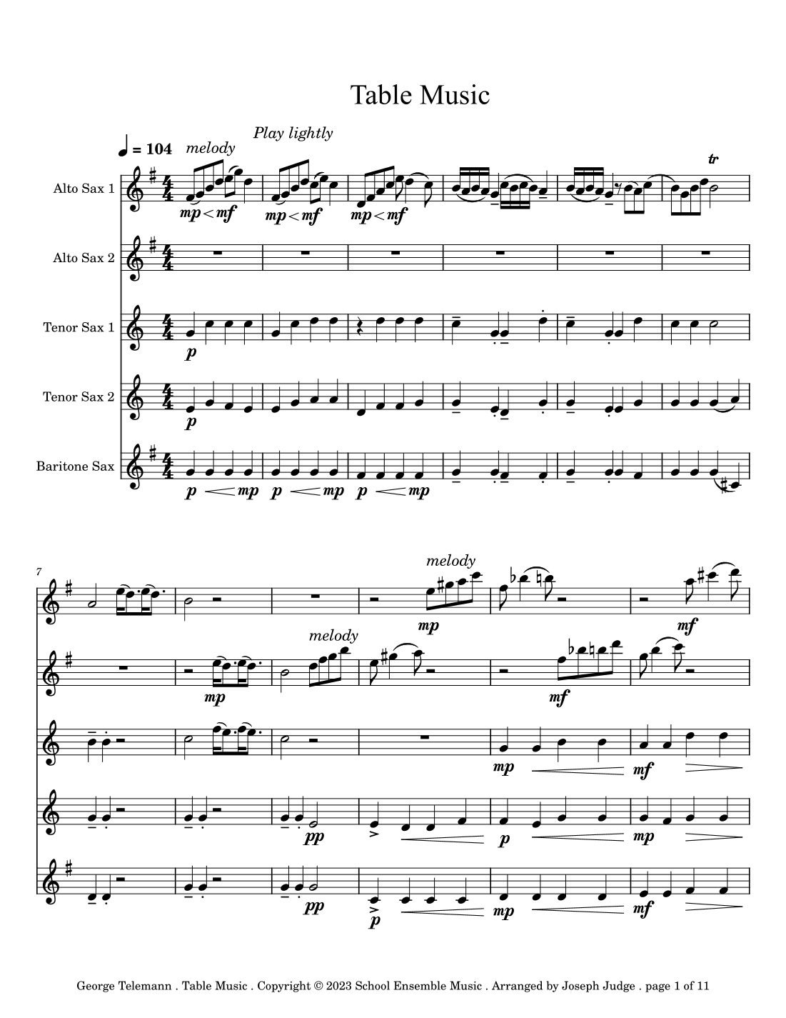 Table Music by Telemann for Saxophone Quintet in Schools (arr. Joseph Judge)