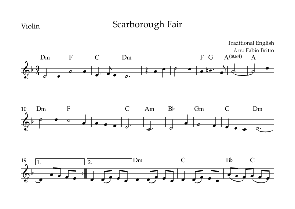 Scarborough Fair for Violin Solo with Chords (arr. Fabio Britto)