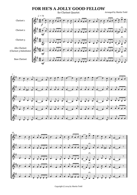 For He's A Jolly Good Fellow for Clarinet Quartet (arr. Martin Todd)