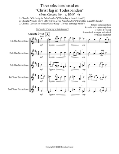 Three selections based on "Christ lag in Todesbanden" (Saxophone Quintet - 3 Alto, 2 Tenor) (arr. Regis Bookshar)