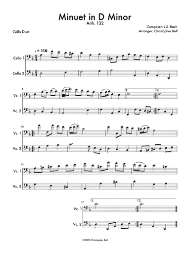 Minuet in D Minor (Anh 132) Cello Duet (arr. Christopher Bell)