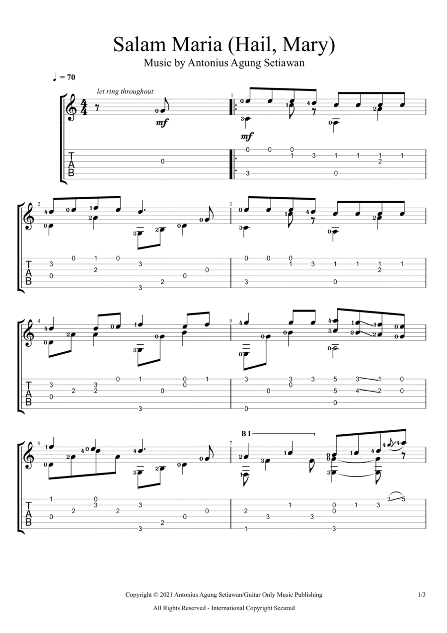 Salam Maria (Hail, Mary) (Solo Guitar Tablature)