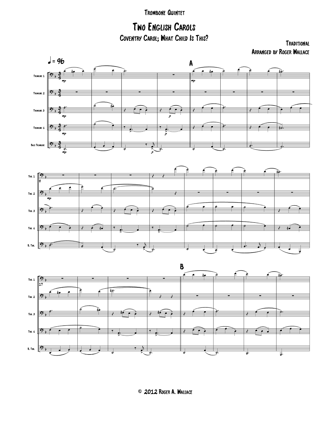 Two English Carols (Coventry Carol; What Child Is This?) - Low Brass Quintet (arr. Roger Wallace)
