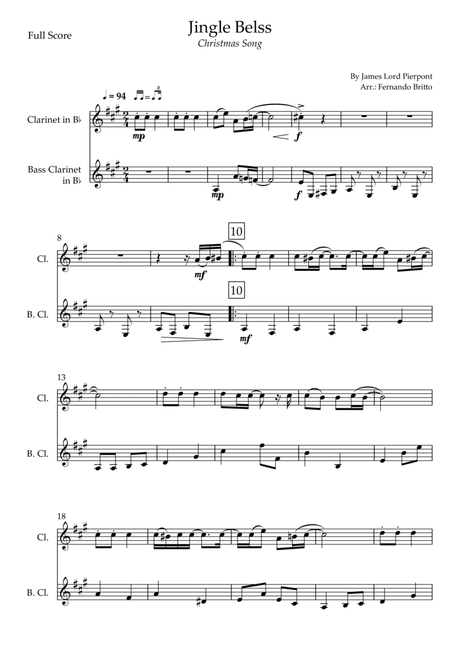 Jingle Bells - Jazz Version (Christmas Song) for Clarinet in Bb & Bass Clarinet in Bb Duo (arr. Fernando Britto)