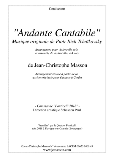 Andante Cantabile by Tchaïkovsky for Cello solo and 4 celli or more --- Score and Parts --- arr.JCM (arr. Jean-Christophe Masson)