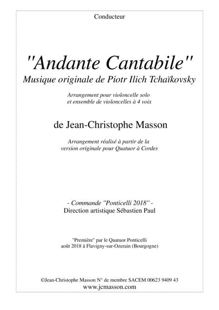 Andante Cantabile by Tchaïkovsky for Cello solo and 4 celli or more --- Score and Parts --- arr.JCM (arr. Jean-Christophe Masson)