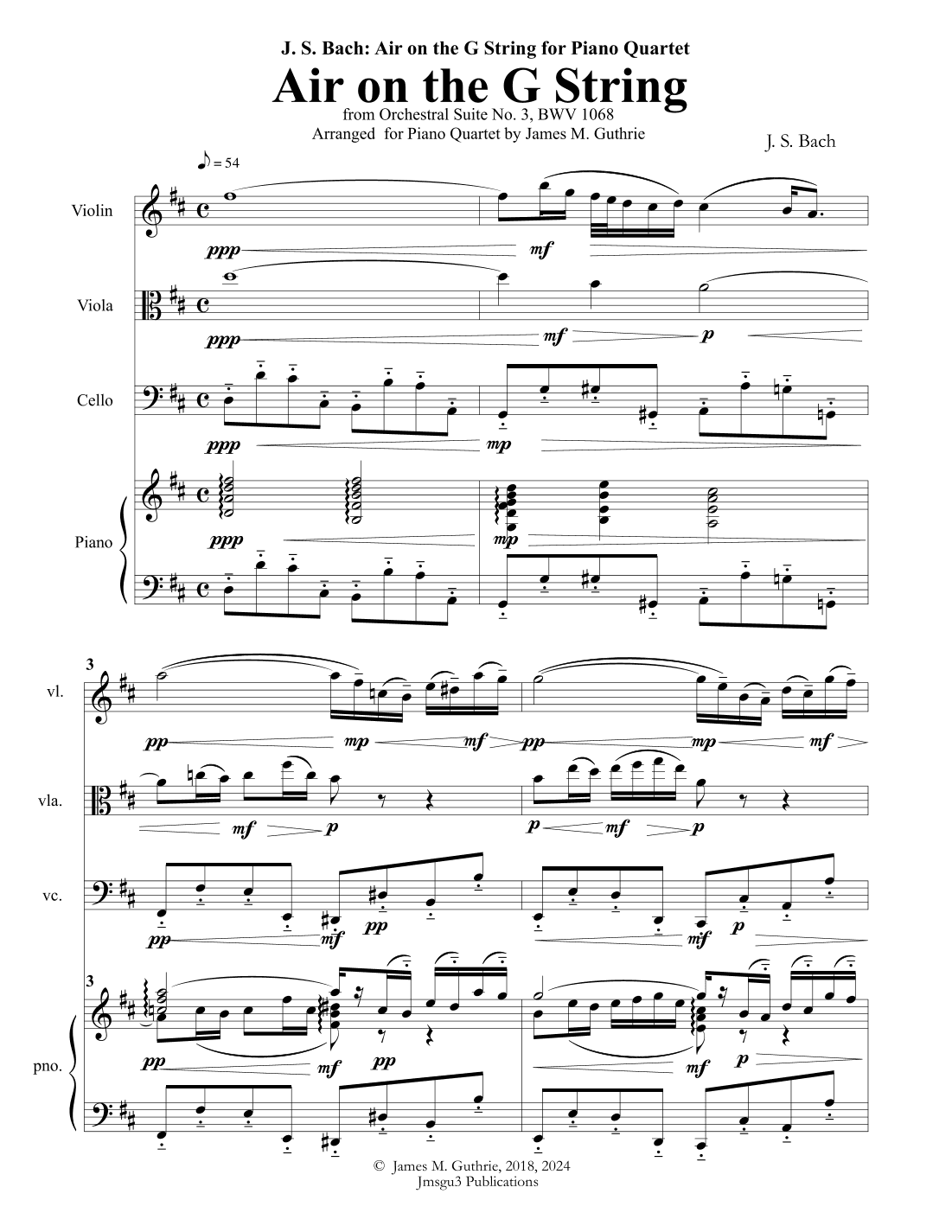 Bach: Air on the G String for Piano Quartet (arr. James M. Guthrie, ASCAP)