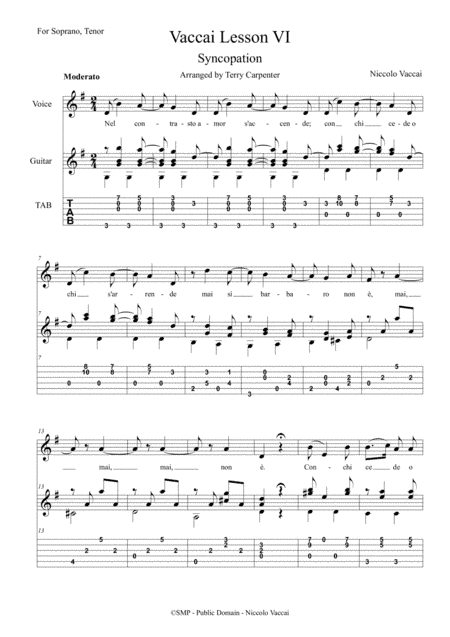 Vaccai-Lesson 6 Syncopation for soprano, tenor voice & guitar (arr. Terry Carpenter)