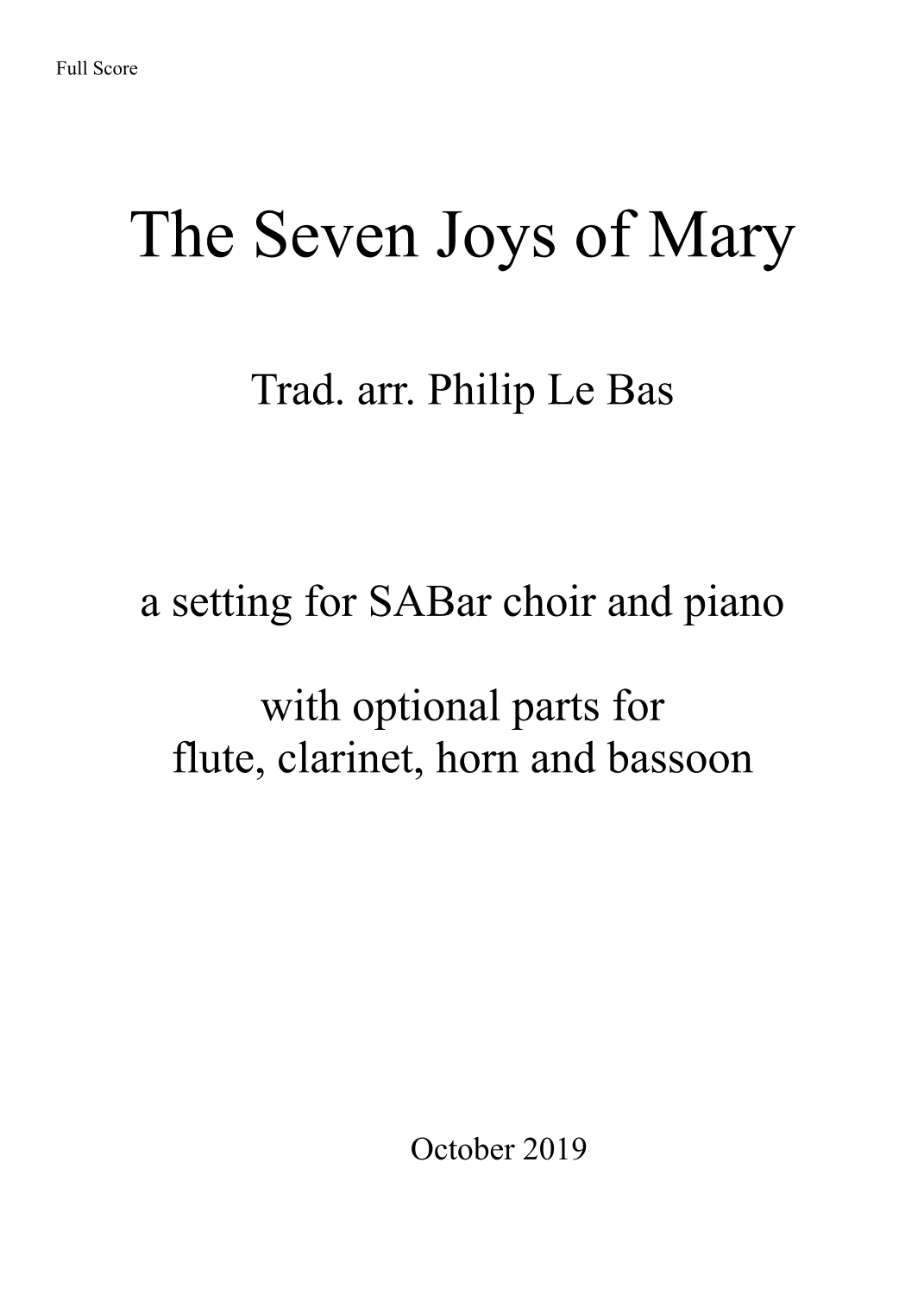 The Seven Joys of Mary (with optional flute and clarinet parts) (arr. Philip Le Bas)