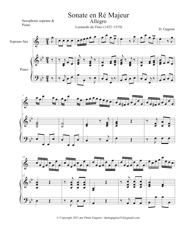 Sonate en Ré Majeur Allegro (arr. D. Gagnon)