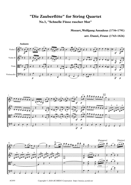 "Die Zauberflöte" for String Quartet, No.3, "Schnelle Füsse rascher Mut" (arr. Danzi, Franz Ignaz (1763-1826))