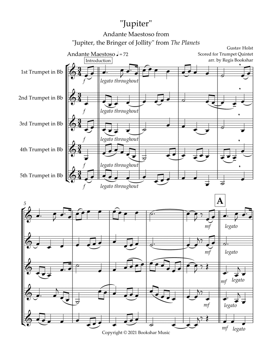 Jupiter (Andante Maestoso from "Jupiter, the Bringer of Jollity" from The Planets) (Bb) (Trumpet Qui (arr. Regis Bookshar)