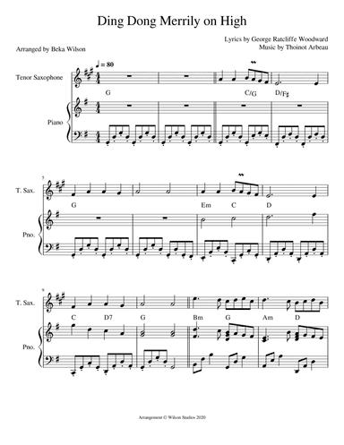 Ding Dong Merrily On High--tenor sax solo (arr. Beka Wilson)