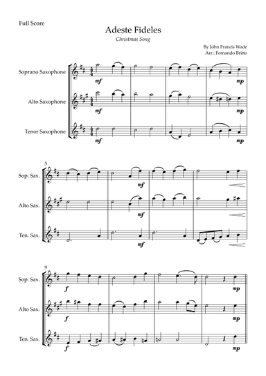 Adeste Fideles (Christmas Song) for Saxophone Trio (arr. Fernando Britto)