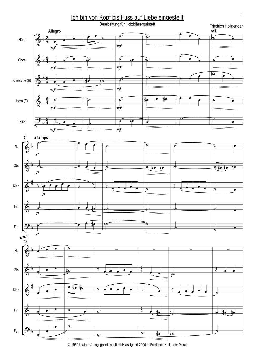 Ich Bin Von Kopf Bis Fuß Auf Liebe Eingestelltt (arr. Edition Maulwurf)