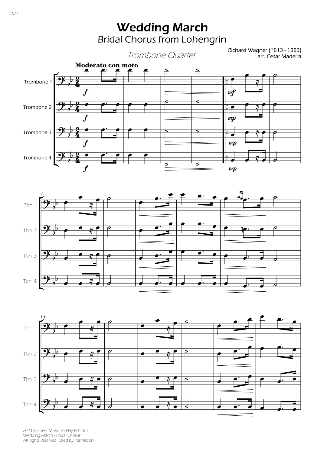 Wedding March (Bridal Chorus) - Trombone Quartet (Full Score) - Score Only (arr. César Madeira)