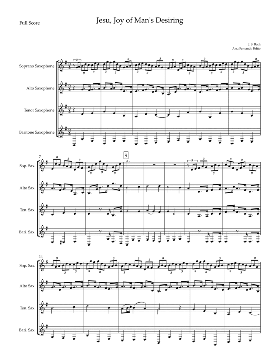 Jesu, Joy of Man's Desiring (J. S. Bach) for Saxophone Quartet (arr. Fernando Britto)