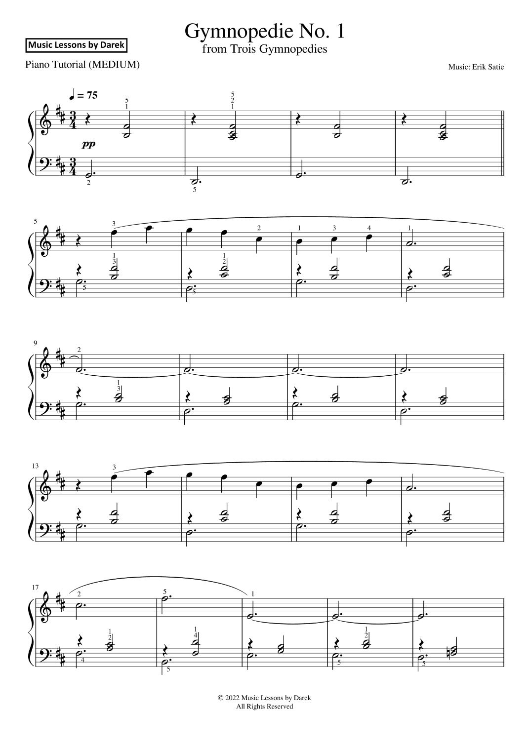 Gymnopedie No. 1 (MEDIUM PIANO) from Trois Gymnopedies [Erik Satie] (arr. Darek)