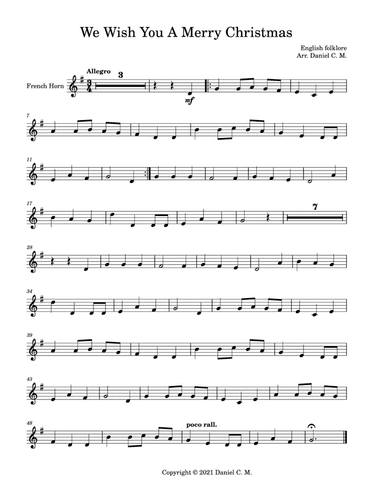 We Wish You A Merry Christmas for french horn and piano (easy) (arr. Daniel C. M.)
