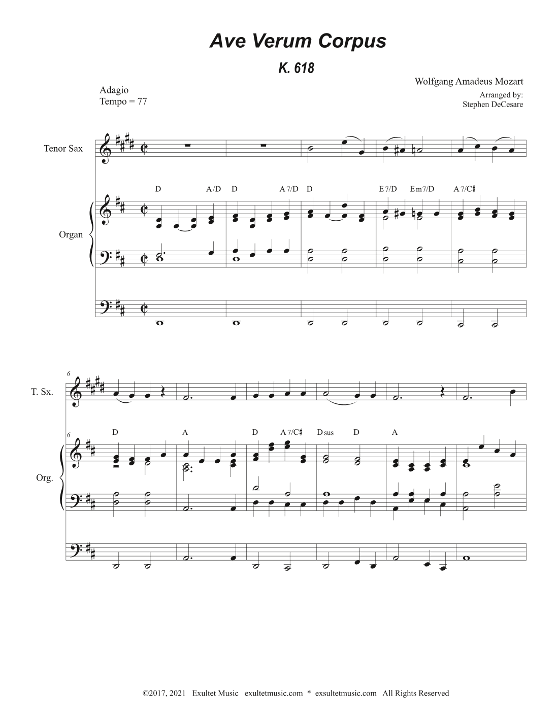Ave Verum Corpus (Tenor Saxophone - Organ Accompaniment) (arr. Stephen DeCesare)