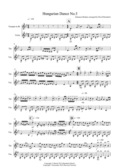 Hungarian Dance No.5 for Trumpet and Violin Duet (arr. David Burndrett)
